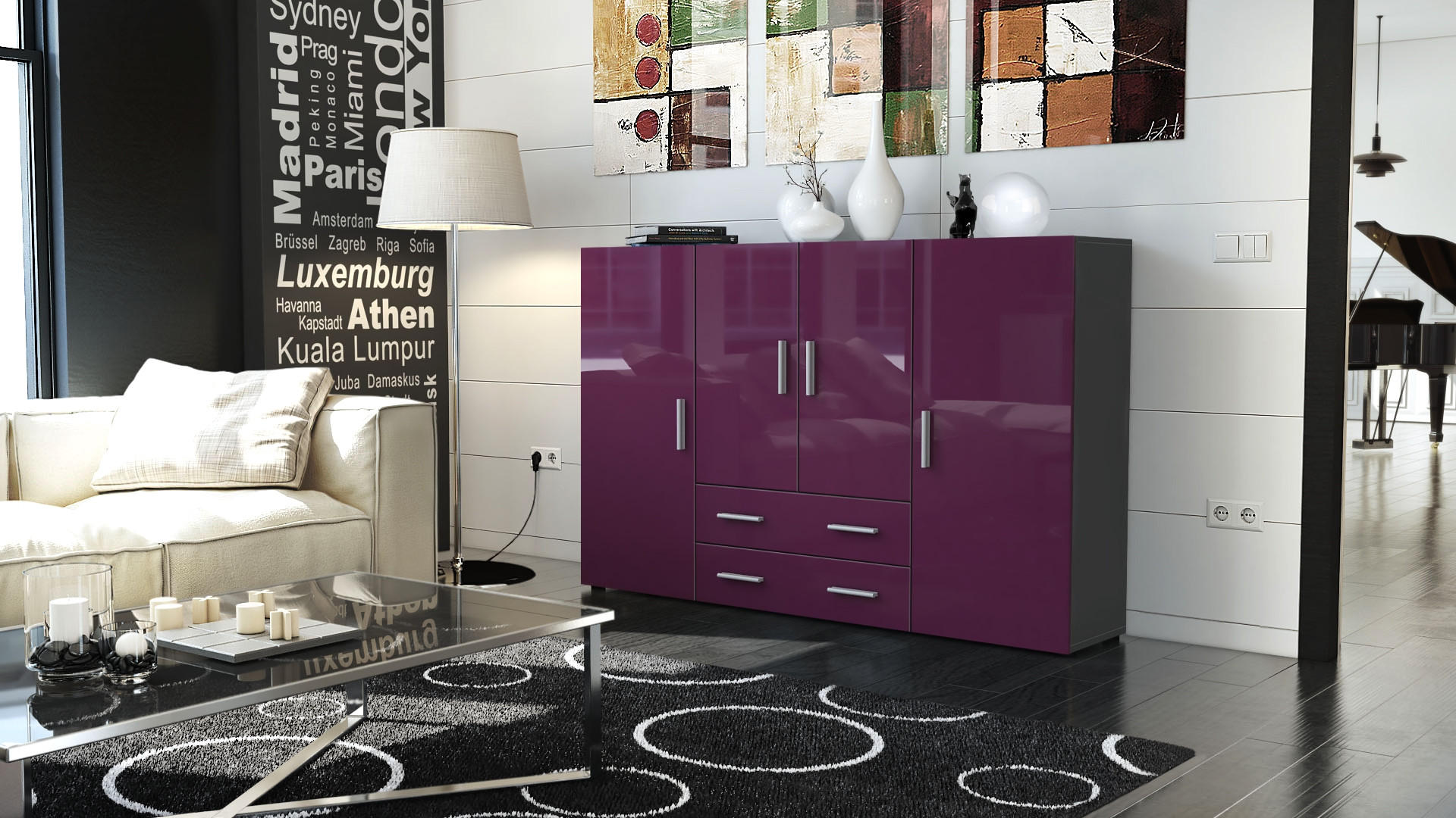 HIGHBOARD Nora Türen in Brombeer Hochglanz - Brombeere, Holzwerkstoff (166/106/35cm) - Vladon