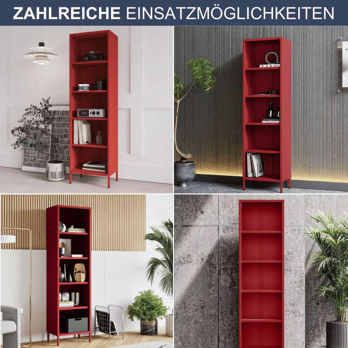 BÜCHERREGAL Metall CLIEN 5 Ebenen 180x50x35cm Rot - Rot, Metall (50/180/35cm) - DELUKE