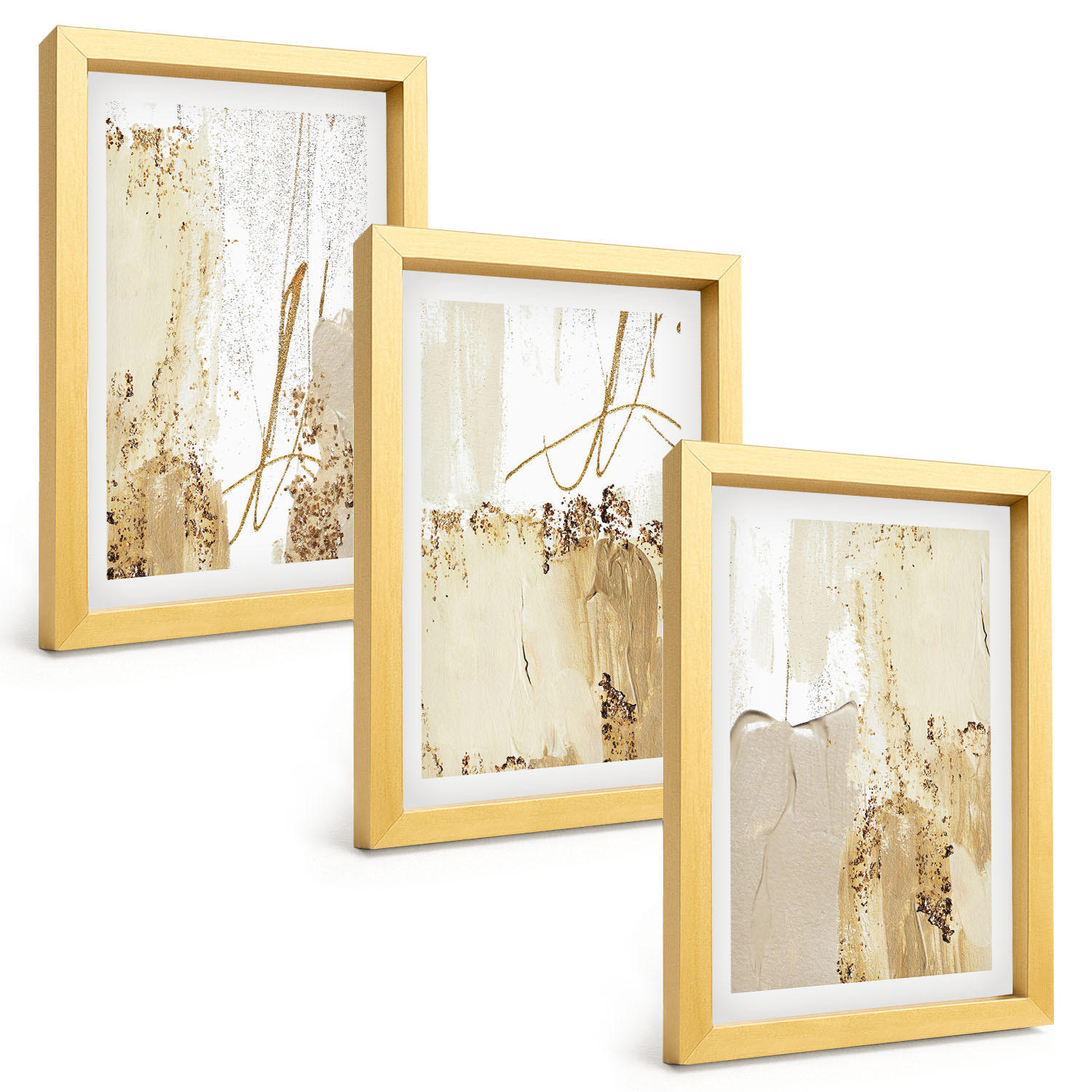 BILDER SET 3er Set - 20x30 cm Goldrahmen - Abstrakte Muster beige weiß - Goldfarben, Kunststoff (20/30cm) - TULUP