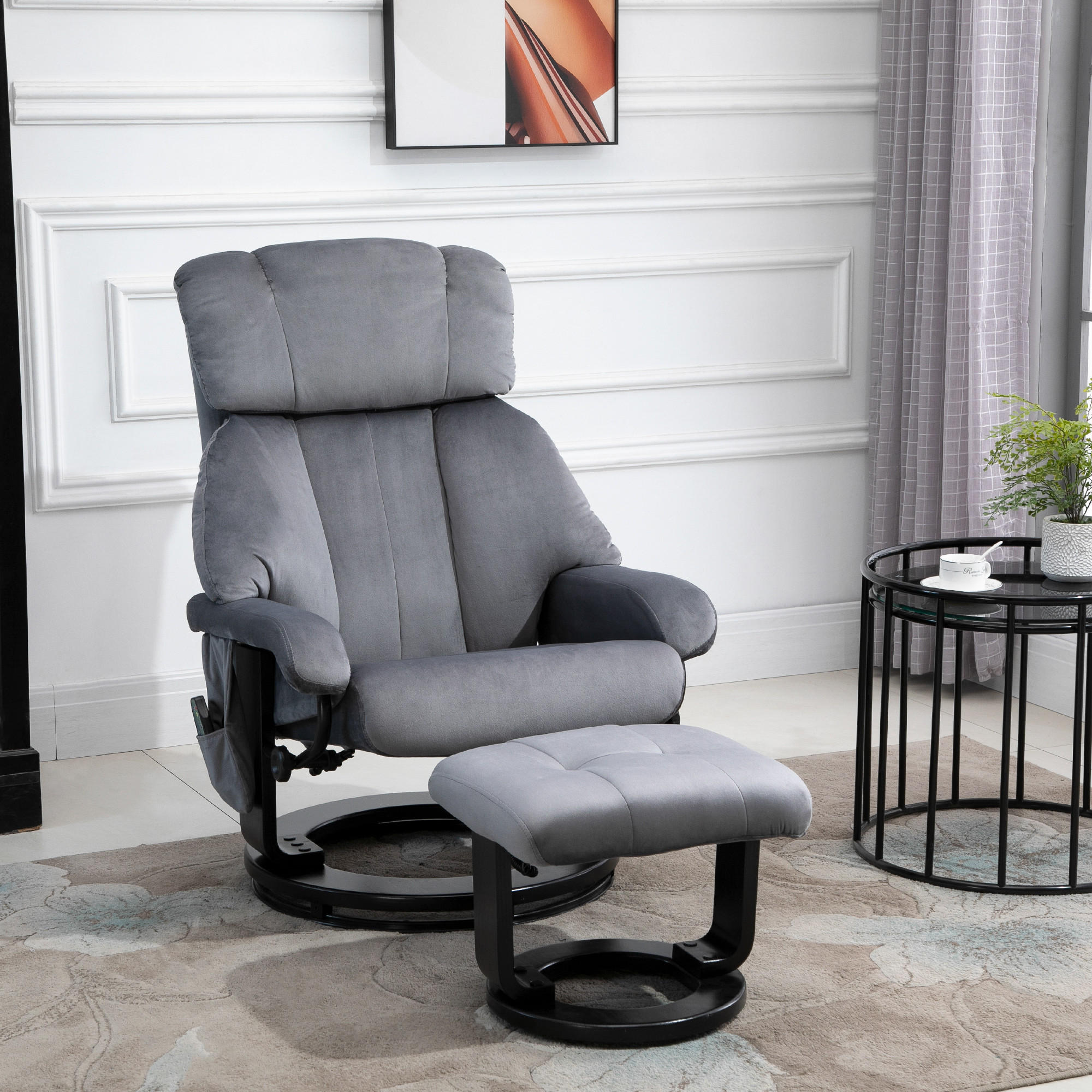 MASSAGESESSEL inkl. Hocker Fernsehsessel drehbar Relaxsessel Samt-Touch Grau - Schwarz/Grau, Textil/Metall (80/102/76cm) - HOMCOM