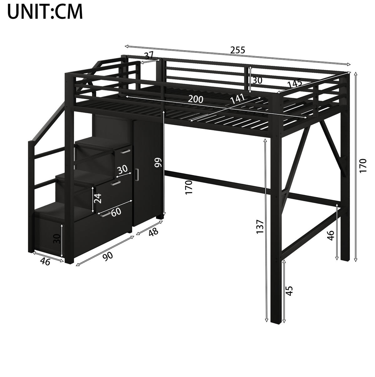 HOCHBETT 140/200 cm aus MDF und Metall mit Kleiderschrank LED und Stauraum Schwarz - Schwarz, Holzwerkstoff (140/200cm) - Modenvie