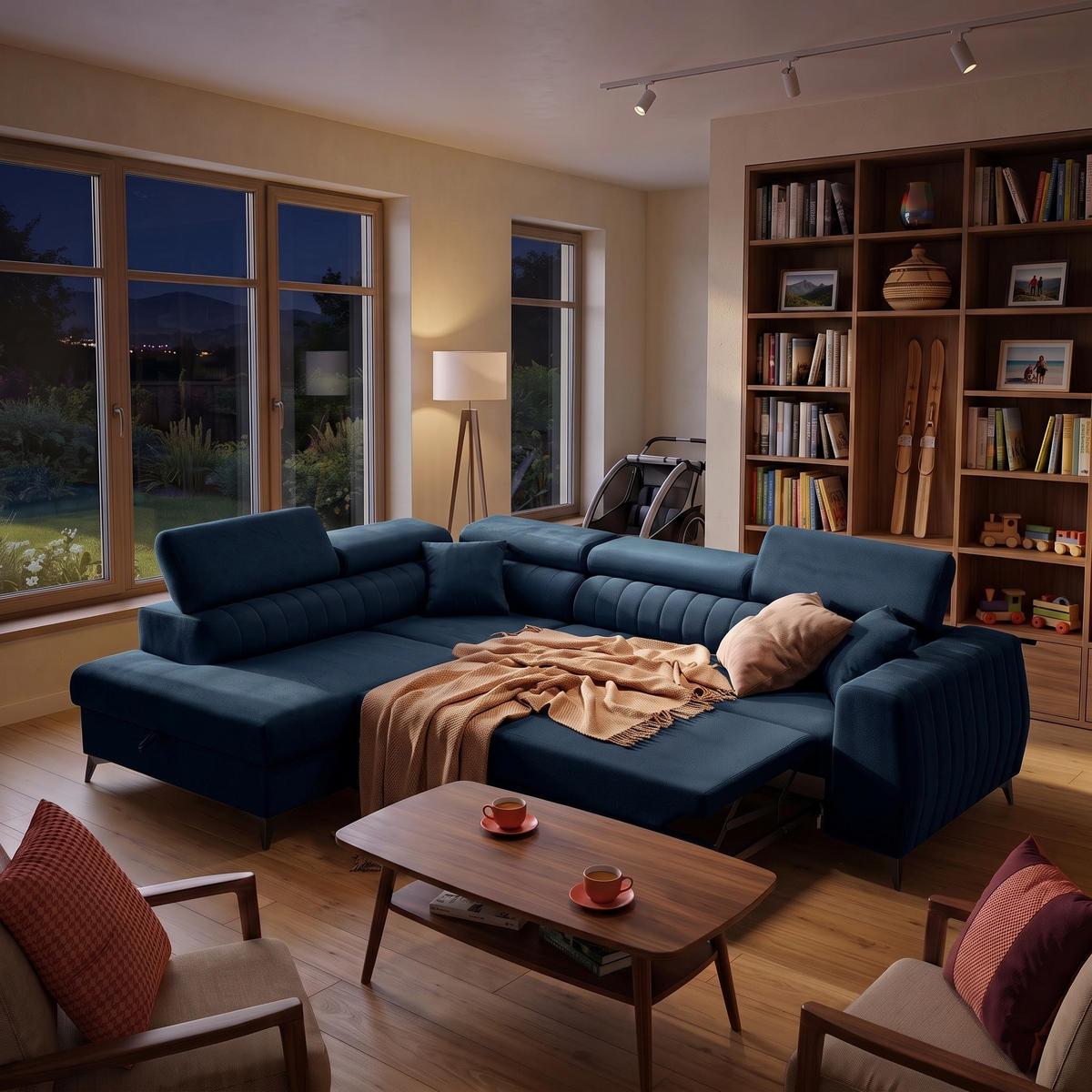 ECKSOFA PIERO L Links mit Schlaffunktion 195x125 Velours Dunkelblau - Schwarz/Dunkelblau, Holz/Textil (268/203cm) - Muffo