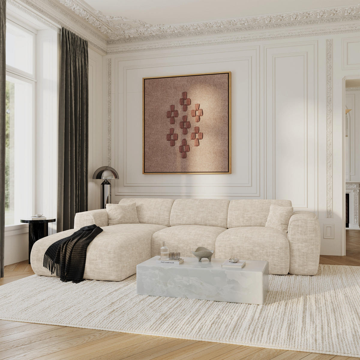 ECKSCHLAFSOFA Texturierter Samt Beige 283cm - Beige, Textil (283/180cm) - Sia Home