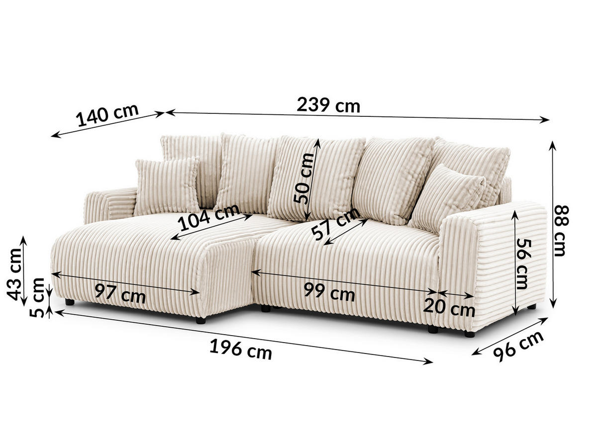 ECKSOFA Calma mit Schlaffunktion und Bettkasten im Bumpy-Design aus weichem Creme Plüschcord - Ottomane links - Creme/Schwarz, Holz/Kunststoff (239/140cm) - S-Style