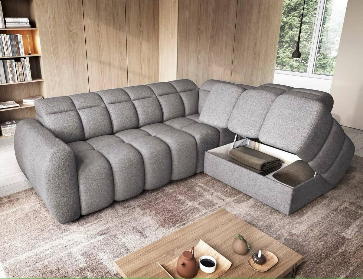 ECKSOFA mit elektrischem Sitzvorschub, Bettkasten und verstellbare Kopflehnen - Dunkelgrau, Naturmaterialien/Textil (208/258cm) - Eltap