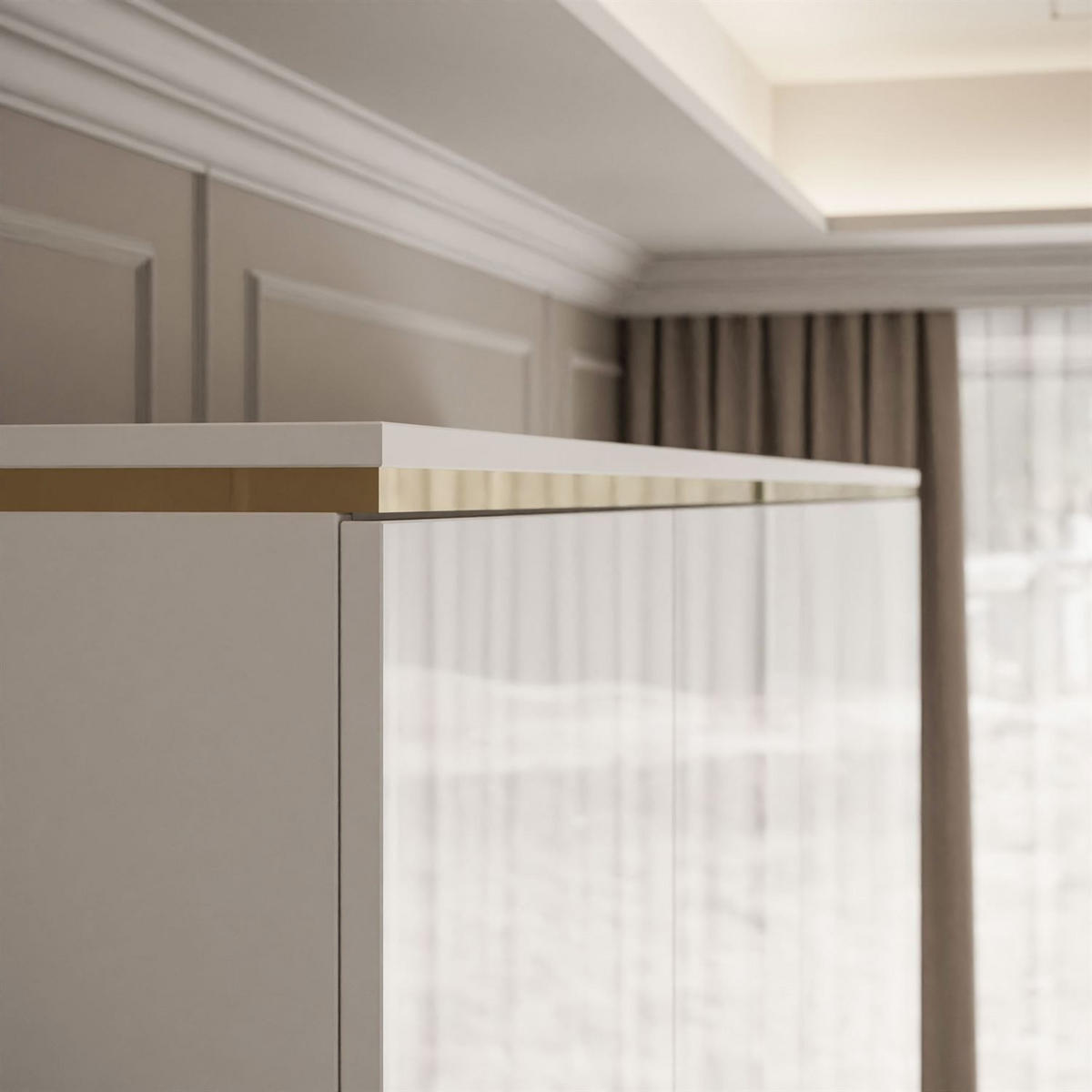 KLEIDERSCHRANK AURORA 4D mit goldenen Griffen - Weiß Hochglanz/Goldfarben, Holzwerkstoff (200/213/57cm) - Lookway