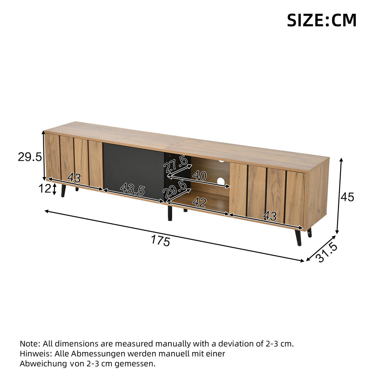 LOWBOARD 175/31.5/45 cm in Natur/Schwarz aus Spanplatte mit 3 Türen - Hellbraun, Holzwerkstoff (31.5/45/175cm) - OKMYHOME
