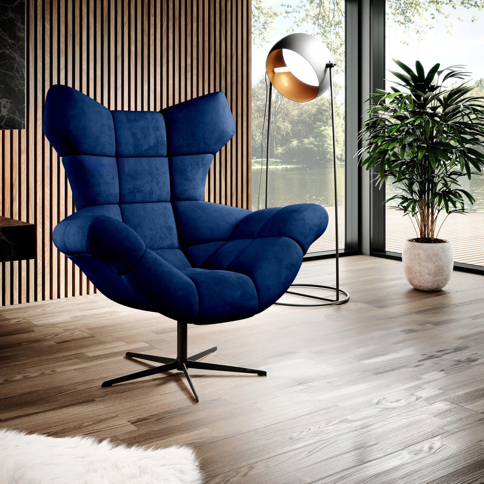 SESSEL SENSI Relaxstuhl mit 360° Drehung und Schwingfunktion – Lux-Schaumkissen, Blau, 104x46x119 cm - Blau/Schwarz, Holz/Textil (104/119/84cm) - DomoHome