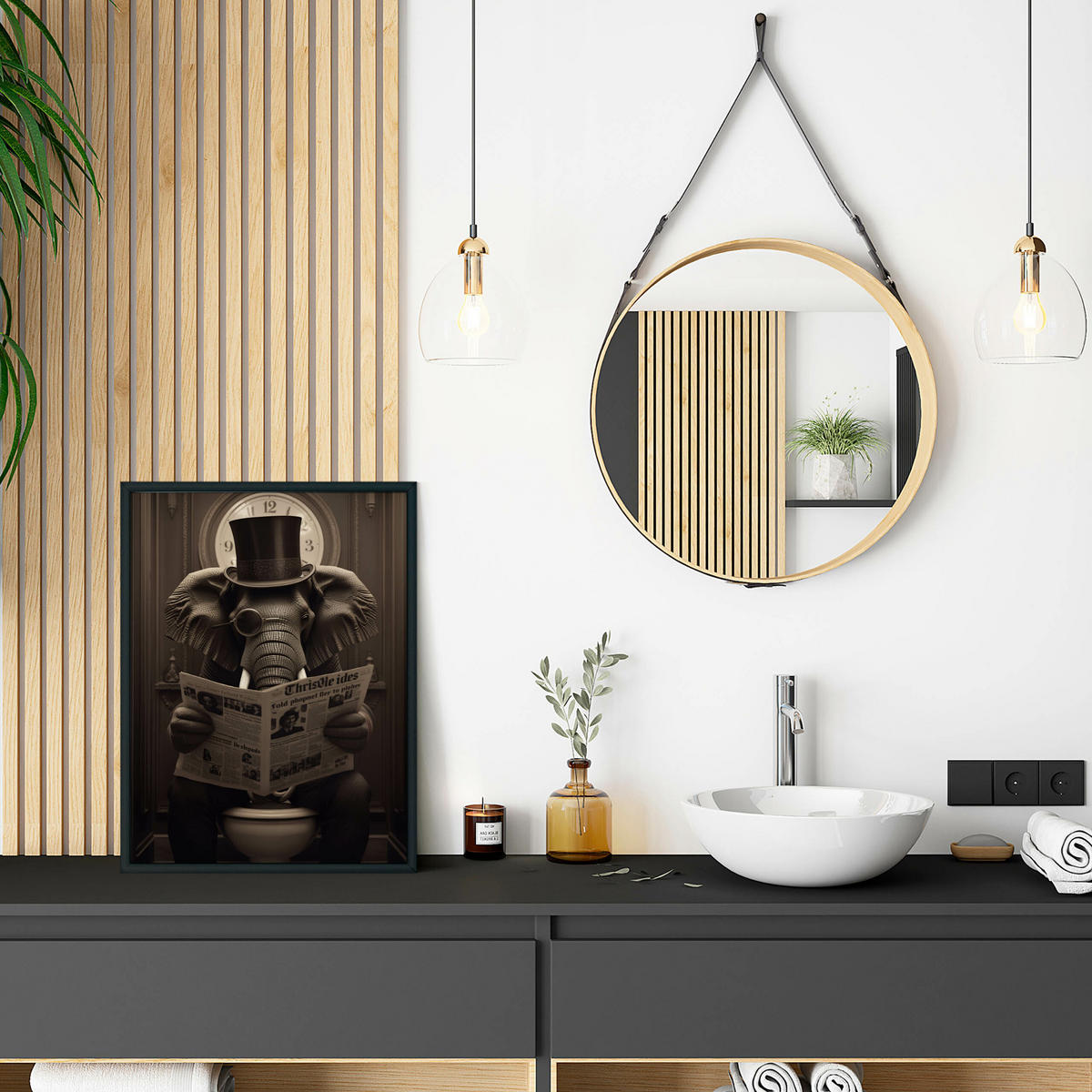 POSTER für WC Badezimmer ELEFANT in Toilette Retro Zeitung Abstraktion 30x40cm - Beige/Schwarz, Papier (30/40/40cm) - Muralo