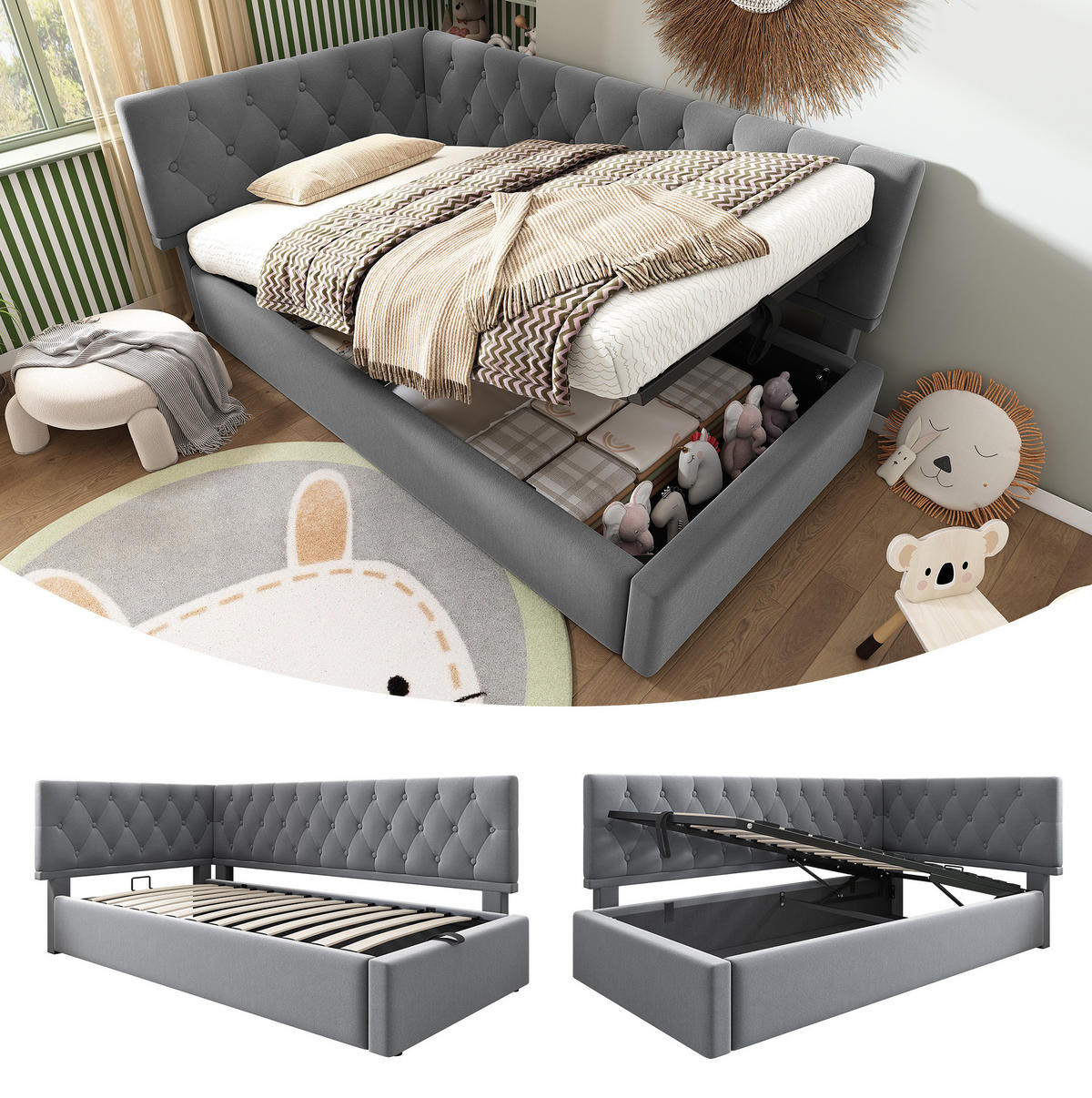 POLSTERBETT aus Samt 90x200 cm in Grau mit hydraulischem Stauraum - Grau, Textil (90/200cm) - Modfu