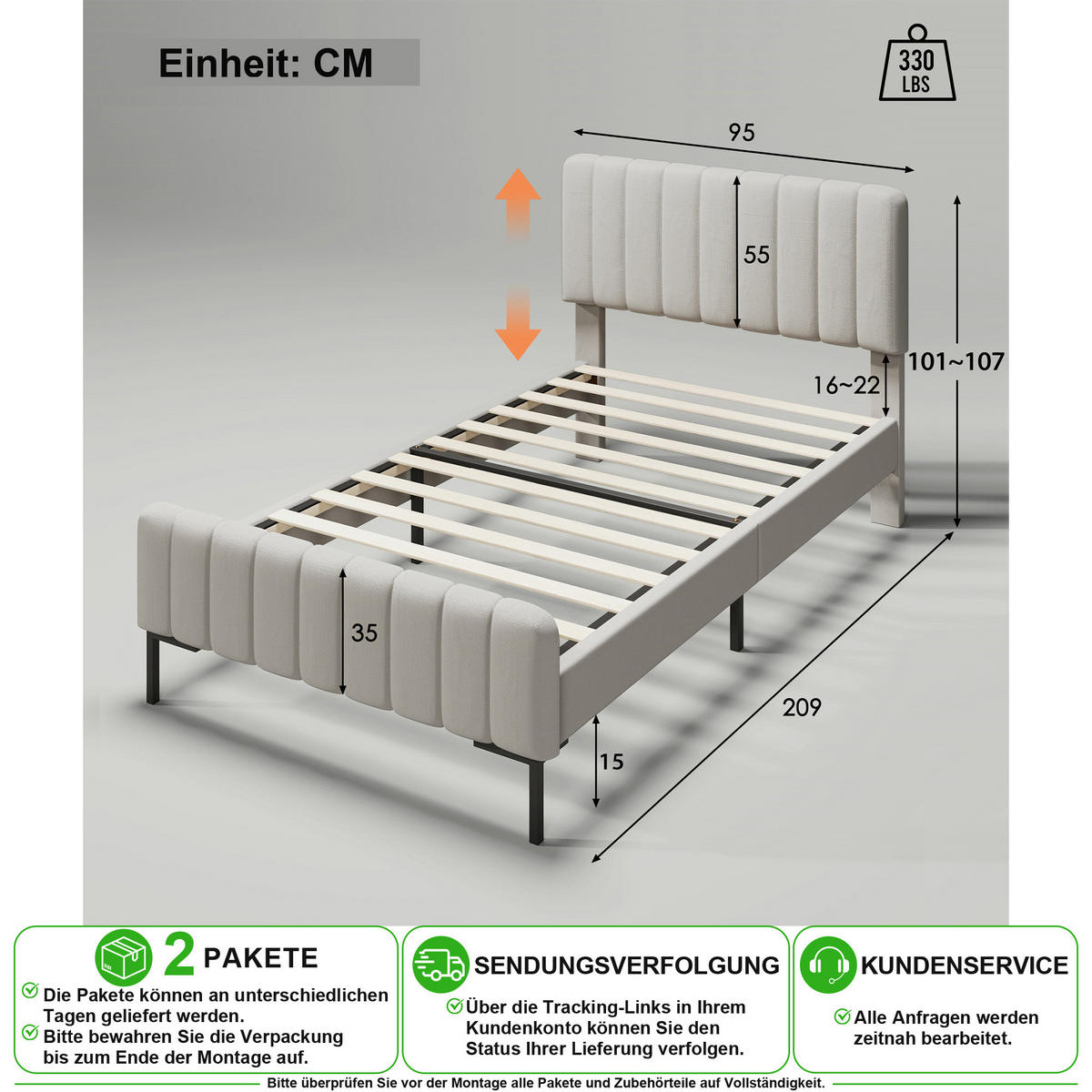 ČALOUNĚNÁ POSTEL 90/200 cm v šedo-béžové barvě s matrací a nastavitelným čelem - béžová, kov/kompozitní dřevo (90/200cm) - CHICFURN