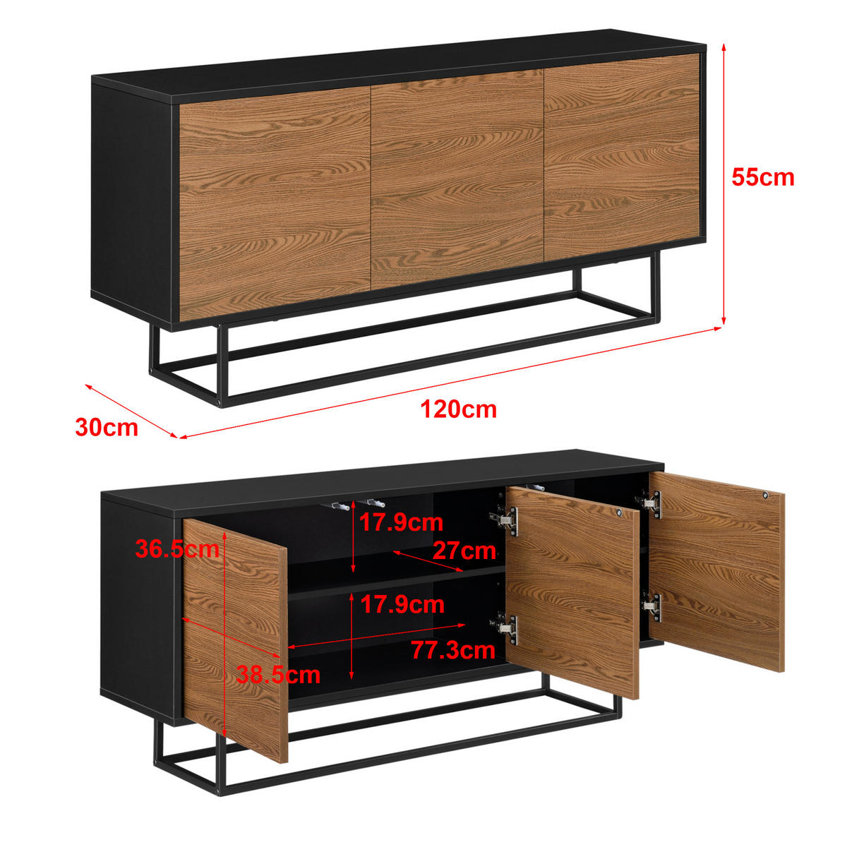 SIDEBOARD Boxholm - Dunkelbraun/Schwarz, Holzwerkstoff/Metall (120/55/30cm) - [en.casa]