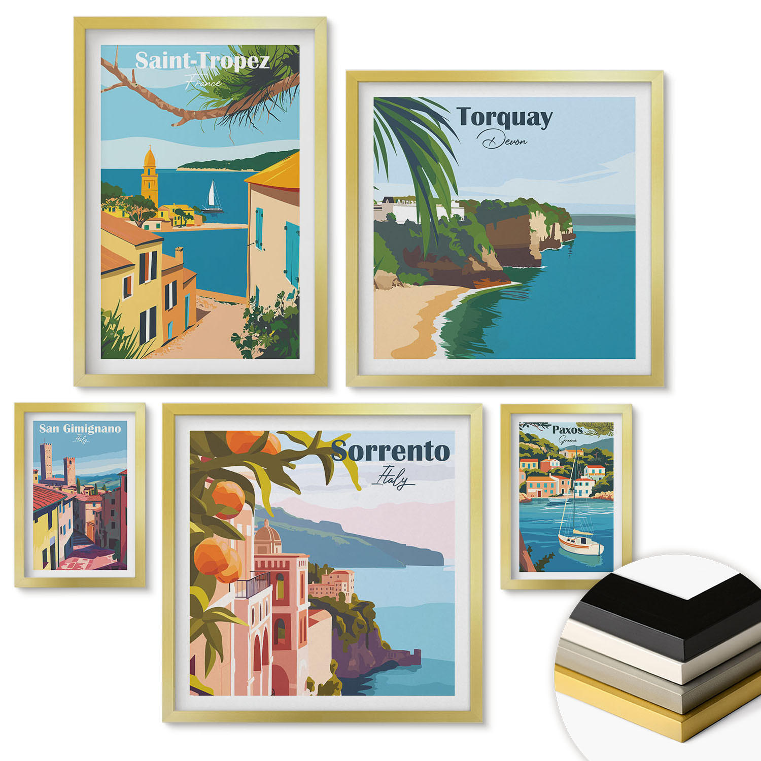 WANDBILDER 5er Set - 50x50 cm & 20x30 cm & 40x60 cm Goldrahmen - Retro-Illustrationen von Weltstädten - Goldfarben, Kunststoff (40/60cm) - ArtPrintCave