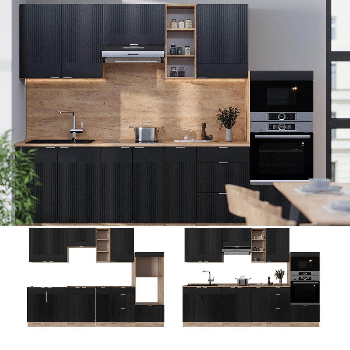 KUHINJA Fame-Line Črno črtasto/zlati hrast 280 cm brez delovne plošče - črna/medeni hrast, leseni material (280/153.6/46cm) - Vicco