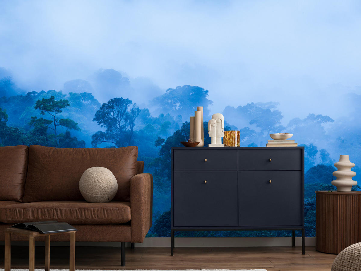 FOTOTAPETE für Wohnzimmer Tropischer Laubwald Nebel Dschungel 350x256 - Schwarz, Papier (350/256cm) - Muralo