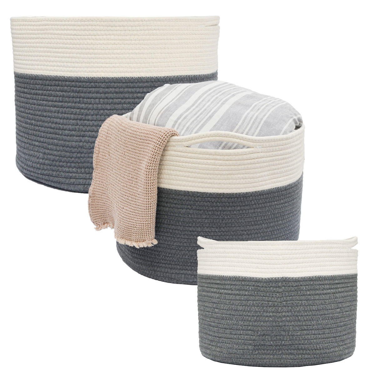 BAUMWOLL-WÄSCHEKORB 3er Set Grau - Grau, Textil (43/33/43cm) - Dunedesign