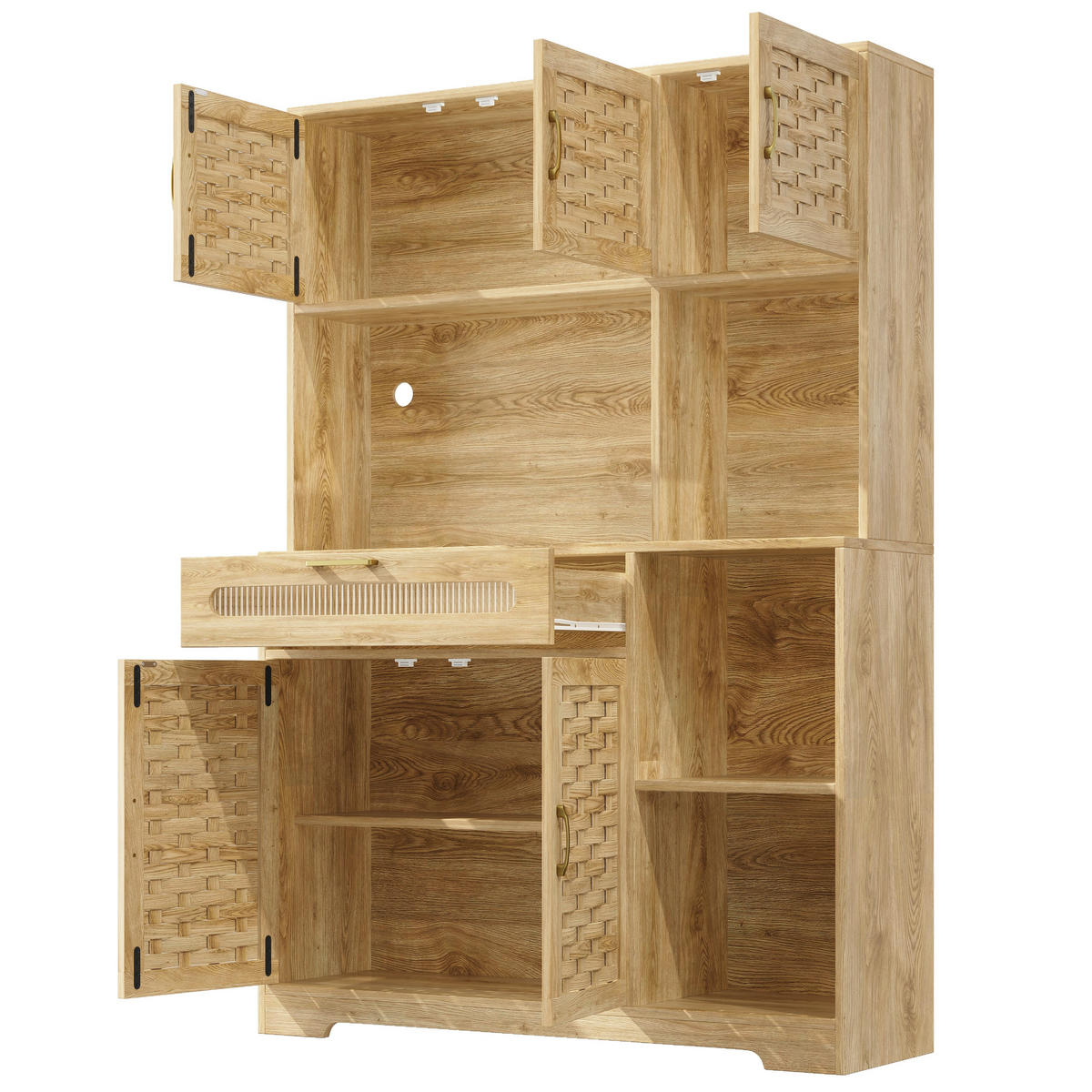 HIGHBOARD Holzoptik Natur mit LED & Geflochtenen Glastüren - Eiche San Remo, Glas/Holzwerkstoff (120/180/40cm) - Urban Meuble