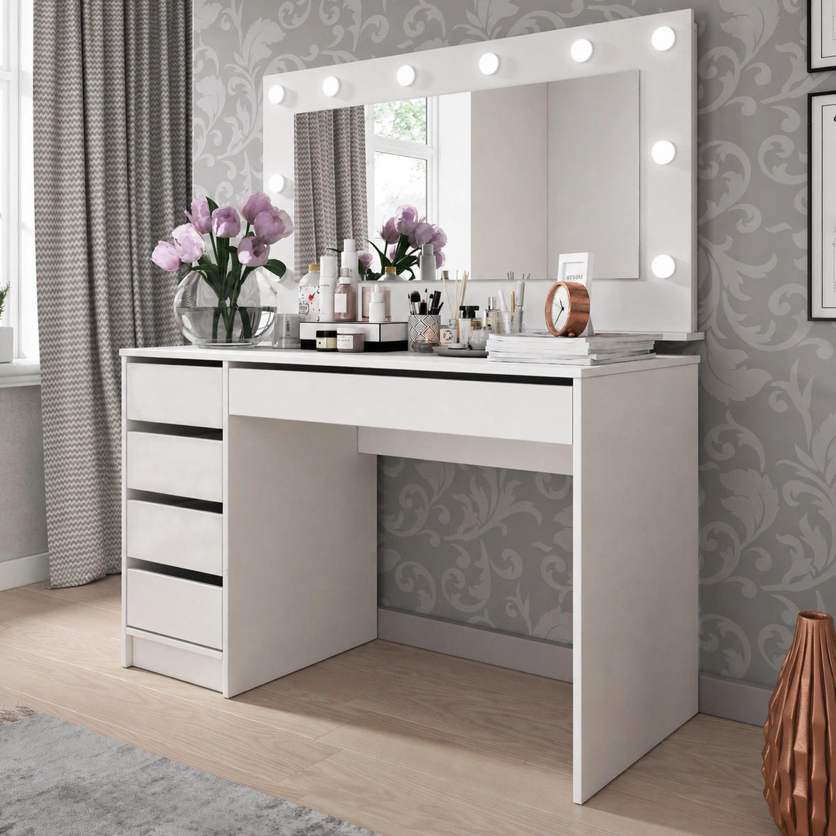 SCHREIBTISCH MIA 120 cm Weiß Matt - mit 5 Schubladen und griffloser Optik - Weiß, Holz/Holzwerkstoff (55/120/75cm) - Ravio