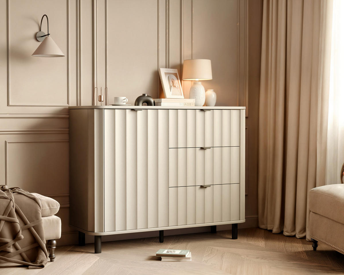 KOMMODE VITA 111 cm, 3 Schublade(n) Lehmgrau - Schwarz/Grau, Holzwerkstoff/Metall (111/91/40.5cm) - Idohome
