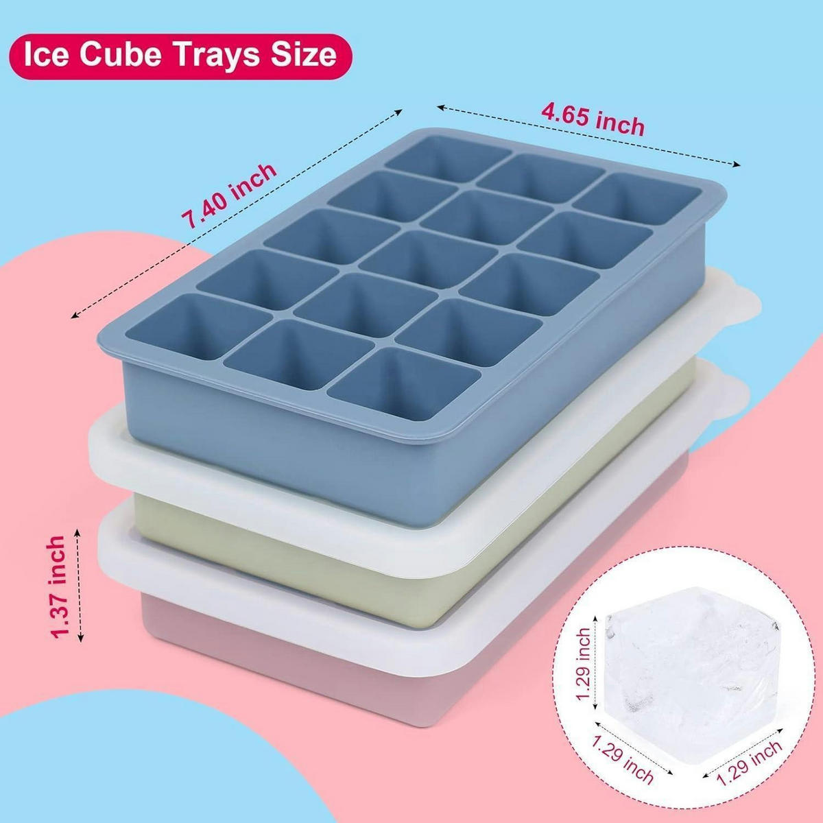 EISWÜRFELFORM 3er Set Silikon mit Deckel 45 Fächer - Multicolor, Kunststoff (11/7/16cm)