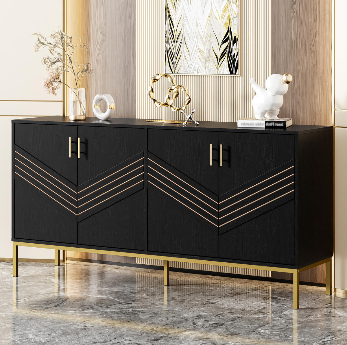 SIDEBOARD aus MDF 160x40x80,5 cm Schwarz mit Holzmaserung, 4 Türen und verstellbaren Einlegeböden - Schwarz, Holzwerkstoff (160/80.5/40cm) - IVMEU
