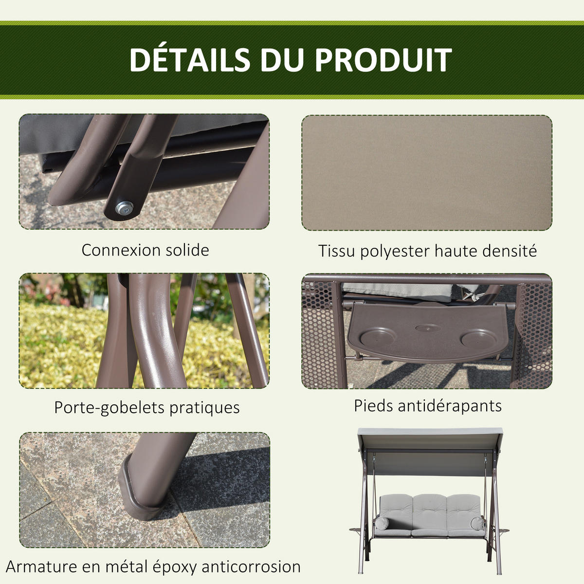 HOLLYWOODSCHAUKEL DE-15278 3-Sitzer mit verstellbarem Dach Hellgrau - Hellgrau, Metall (116/183/206cm) - ComfortXL