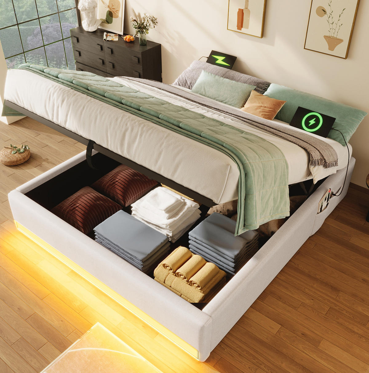 POLSTERBETT mit LED, USB und Stauraum 140x200 cm Leinen Beige - Beige, Metall (140/200cm) - Meubliv