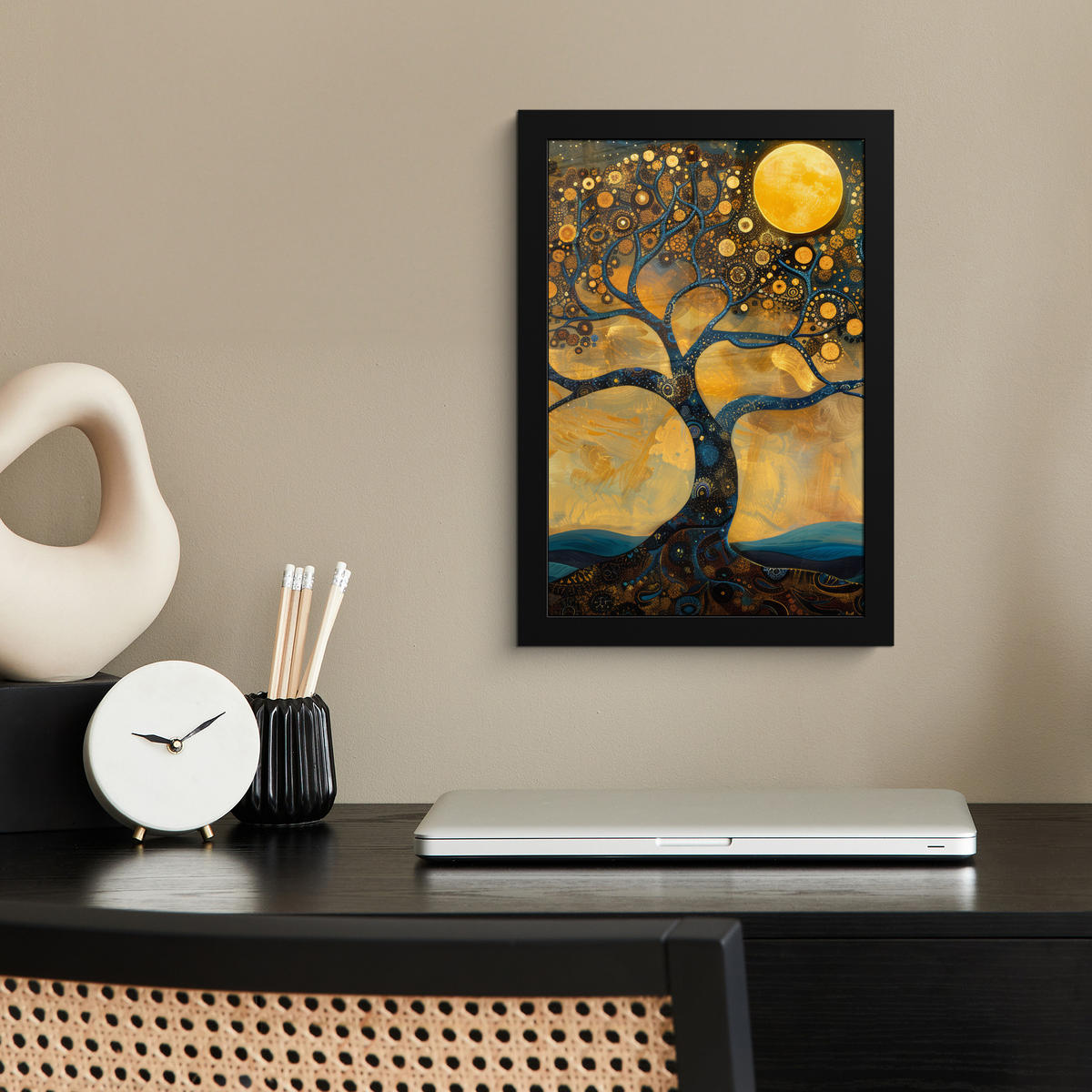 GERAHMTES BILD Baum - Mond - Blumen - Gold - Kunst 20x30 cm - Orange, Papier (20/30cm) - MuchoWow