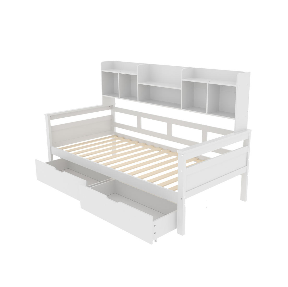 KINDERBETT 90/200 cm als Schlafsofa mit 2 Schubladen, Seitenregalen und Lattenrost, Weiß - Weiß, Holzwerkstoff (90/200cm) - Redom