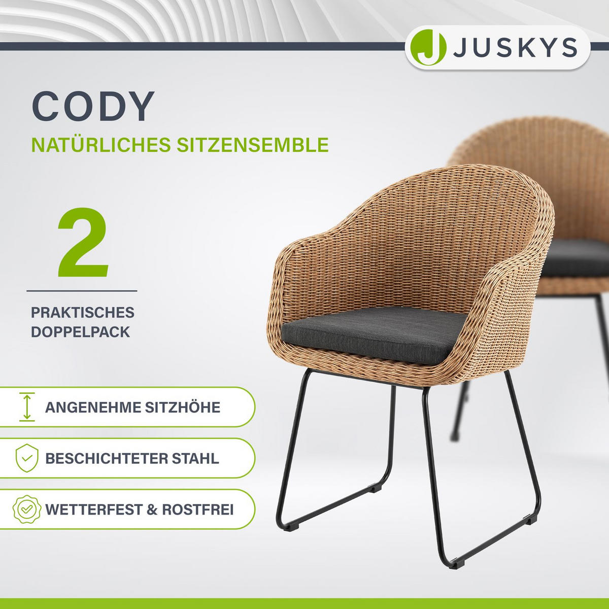 GARTENSTUHL Cody 2er-Set - Braun, Naturmaterialien (57/82/59cm) - Juskys