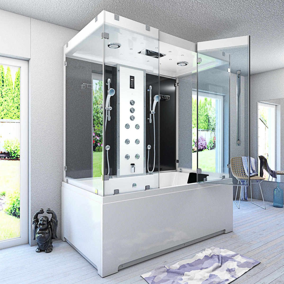 BADEWANNE Dusche K80-SW-TH-B-EC-SC-EA Duschtempel - Schwarz, Glas/Kunststoff (180/100/228cm) - AcquaVapore by Sandra Jentho