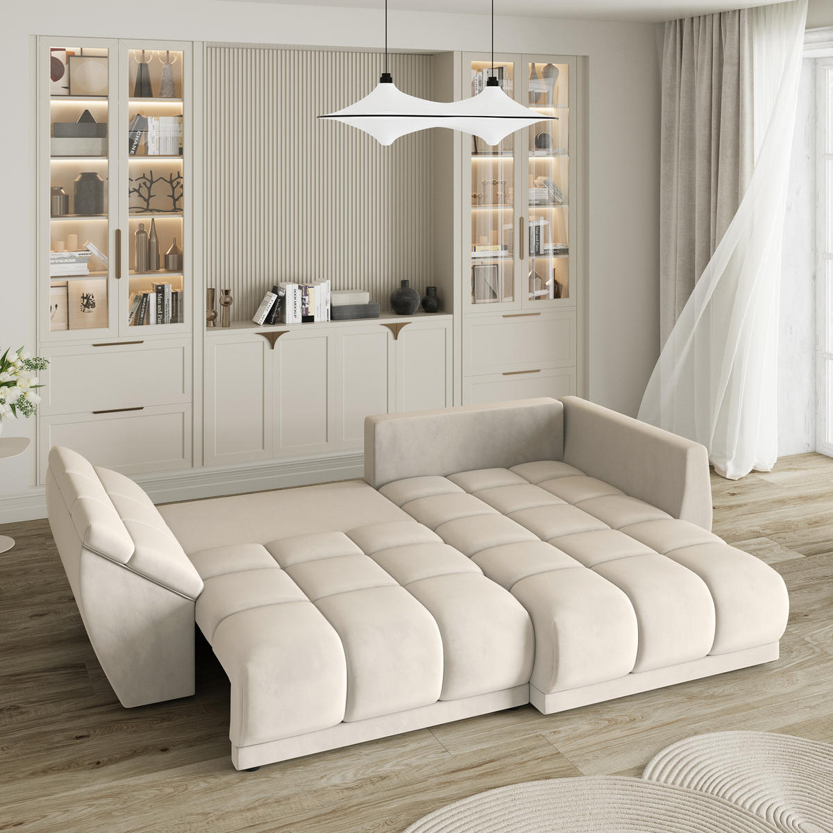 ECKSOFA ORENTI R-S Creme Velours-Stoff mit Schlaffunktion - Creme, Holz (287/182cm) - MASSENO