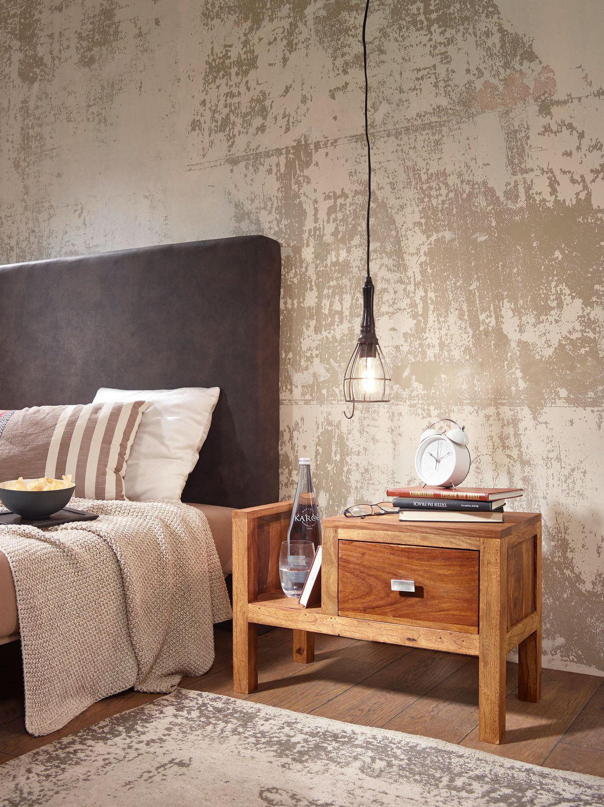 NACHTTISCH – Massivholz, Landhausstil, 60x30x40 cm, Schublade & Ablage - Braun, Holz/Metall (60/40/30cm) - KADIMA DESIGN