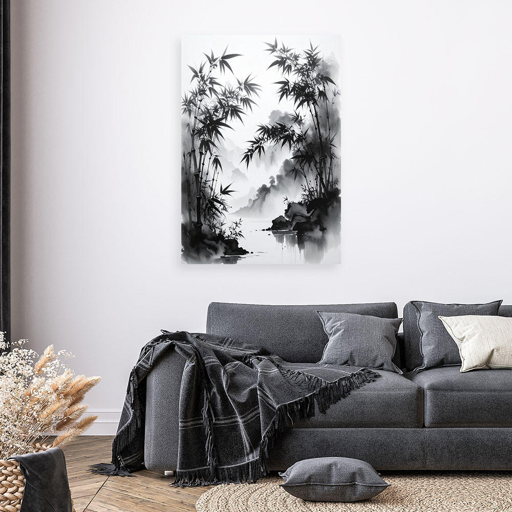 LEINWANDBILD Bambusblätter Landschaft Schwarz-Weiß 60x90cm - Schwarz, Textil (60/90cm) - Feeby