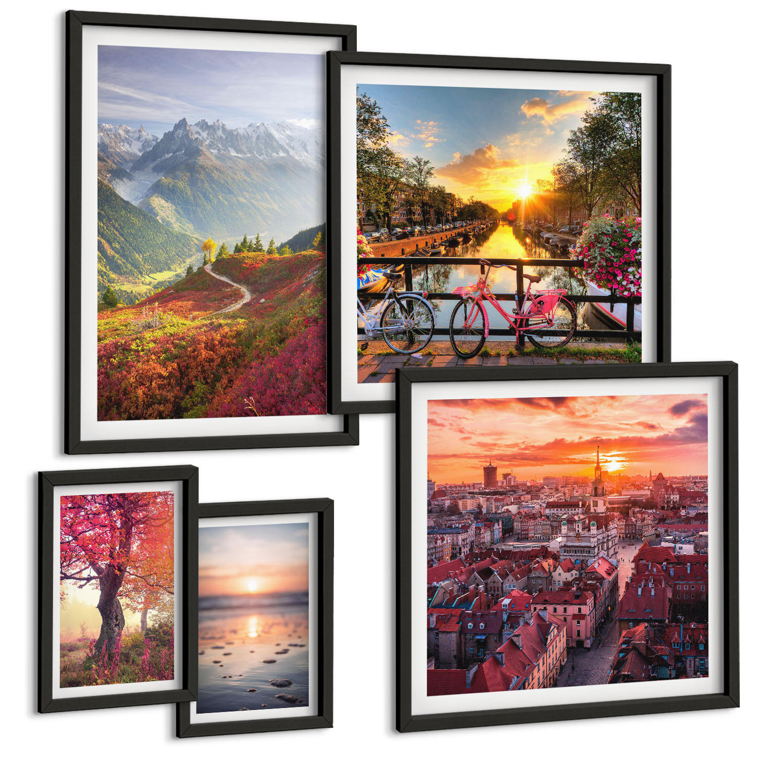 BILDER SET 5er Set - 50x50 cm & 20x30 cm & 40x60 cm Schwarzer Rahmen - Einfache Zeichnungen von Stadtansichten - Schwarz, Kunststoff (40/60cm) - TULUP