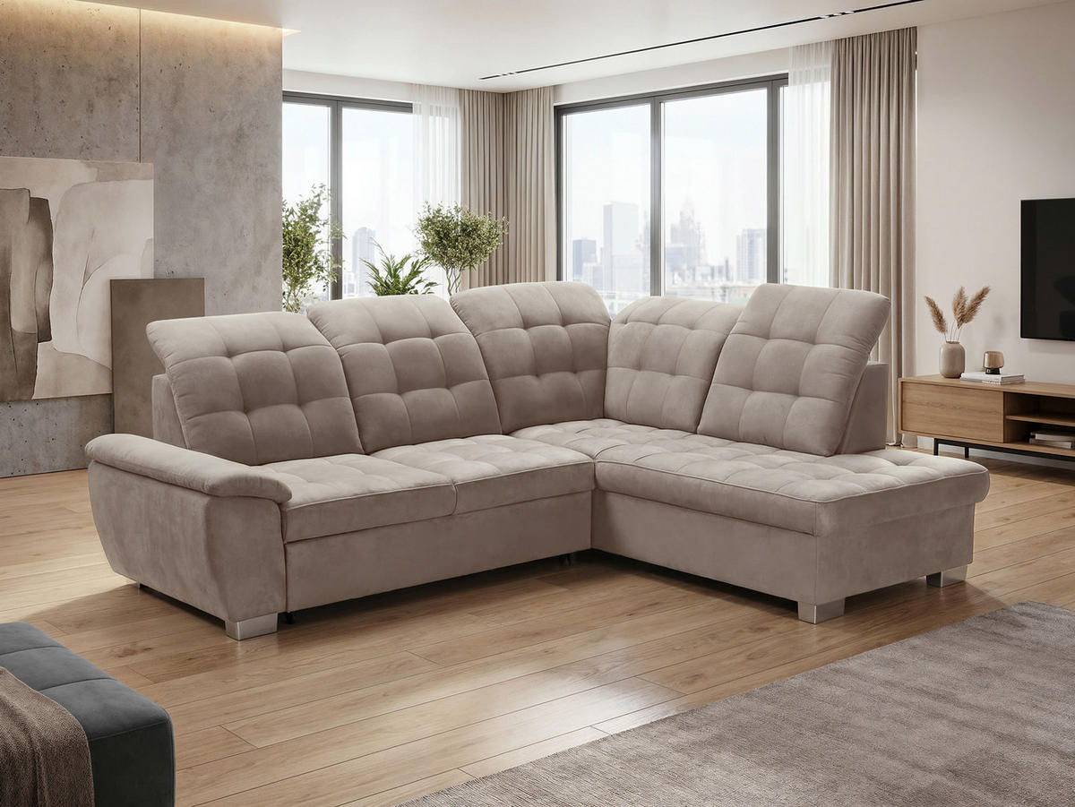 ECKSOFA LENO Rechts, mit Schlaffunktion und Bettkasten, Beige - Beige, Kunststoff/Textil (261/220cm) - Idohome