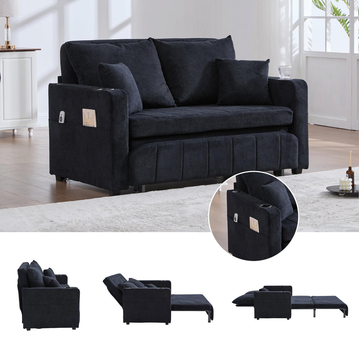 SCHLAFSOFA aus chenille mit bettfunktion, usb-anschluss & becherhaltern - Schwarz, Textil (139/83/73cm) - Urban Meuble