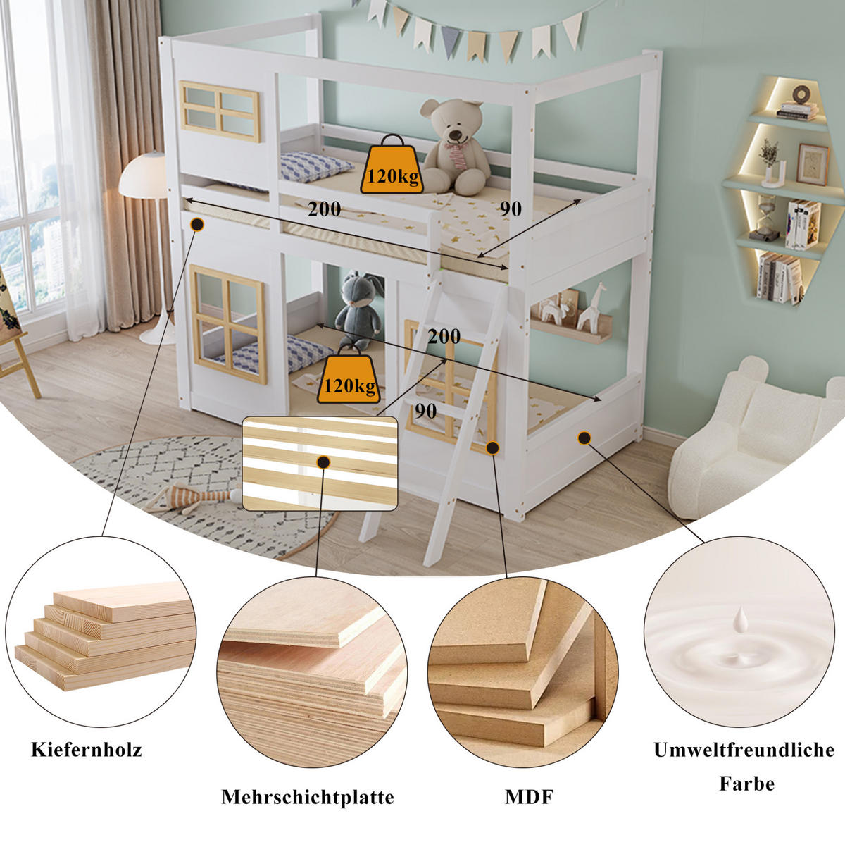 ETAGENBETT 90/200 cm weiß und natur aus Kiefer mit Fenstern - Weiß, Holz (90/200cm) - OKWISH