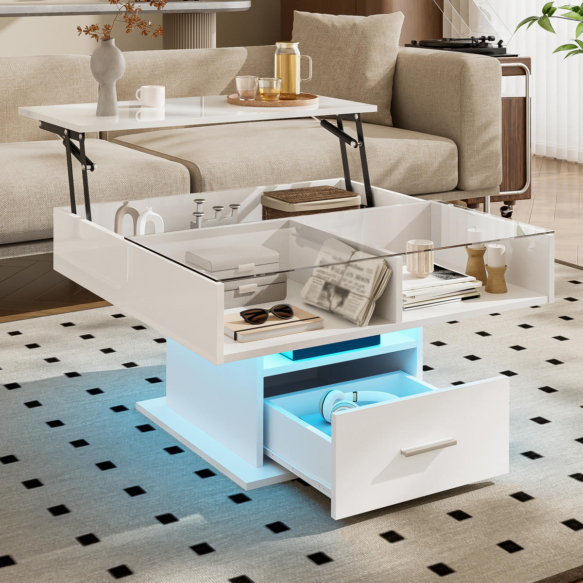 COUCHTISCH in Weiß mit LED und höhenverstellbarer Tischplatte für Wohnzimmer, B78/T78/H45 cm - Weiß, Glas/Holzwerkstoff (78/78/45.5cm) - STILVORA