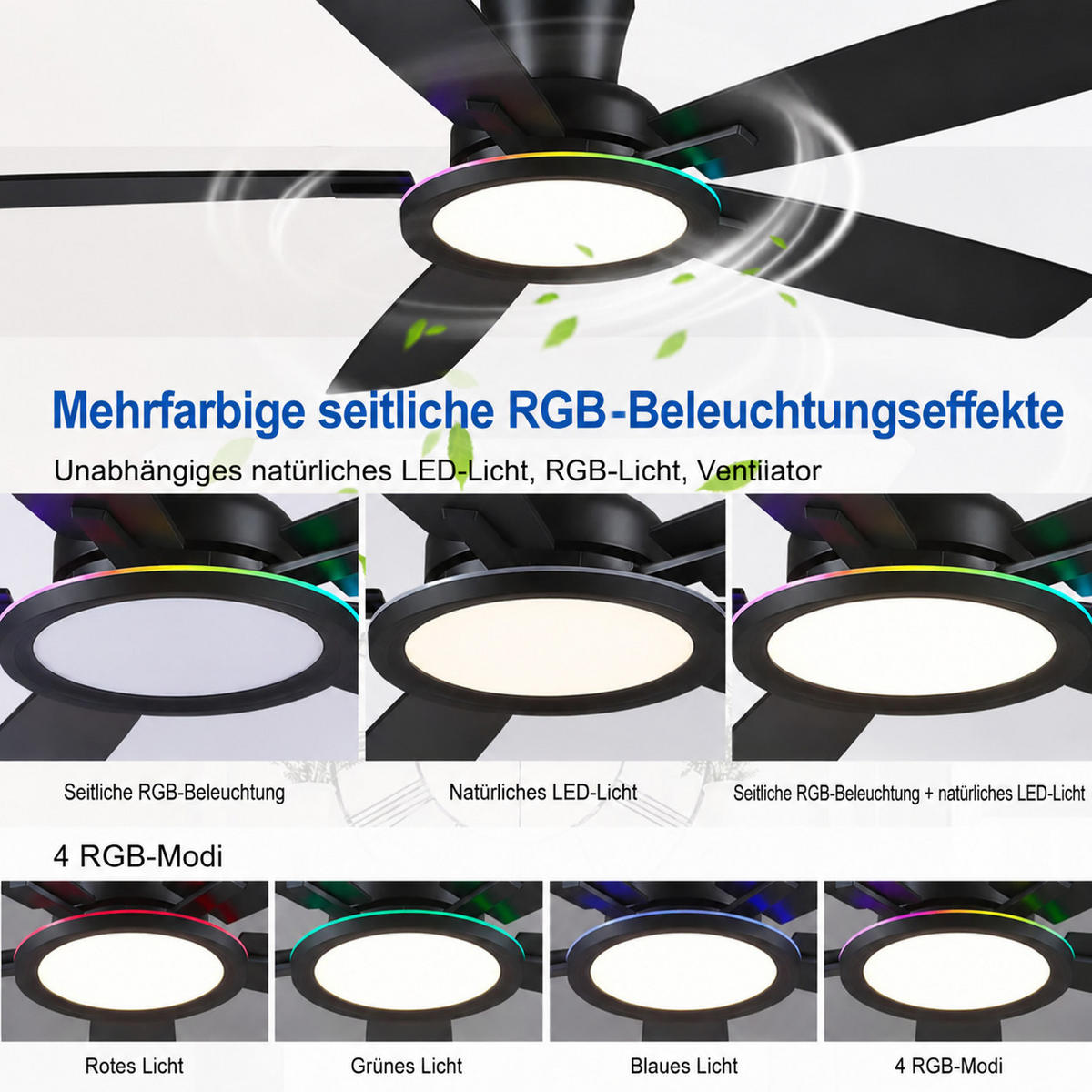 DECKENVENTILATOR Schwarz 132 cm mit RGB-LED und leisem DC-Motor - Schwarz, Metall (132/132/22cm) - Surtime