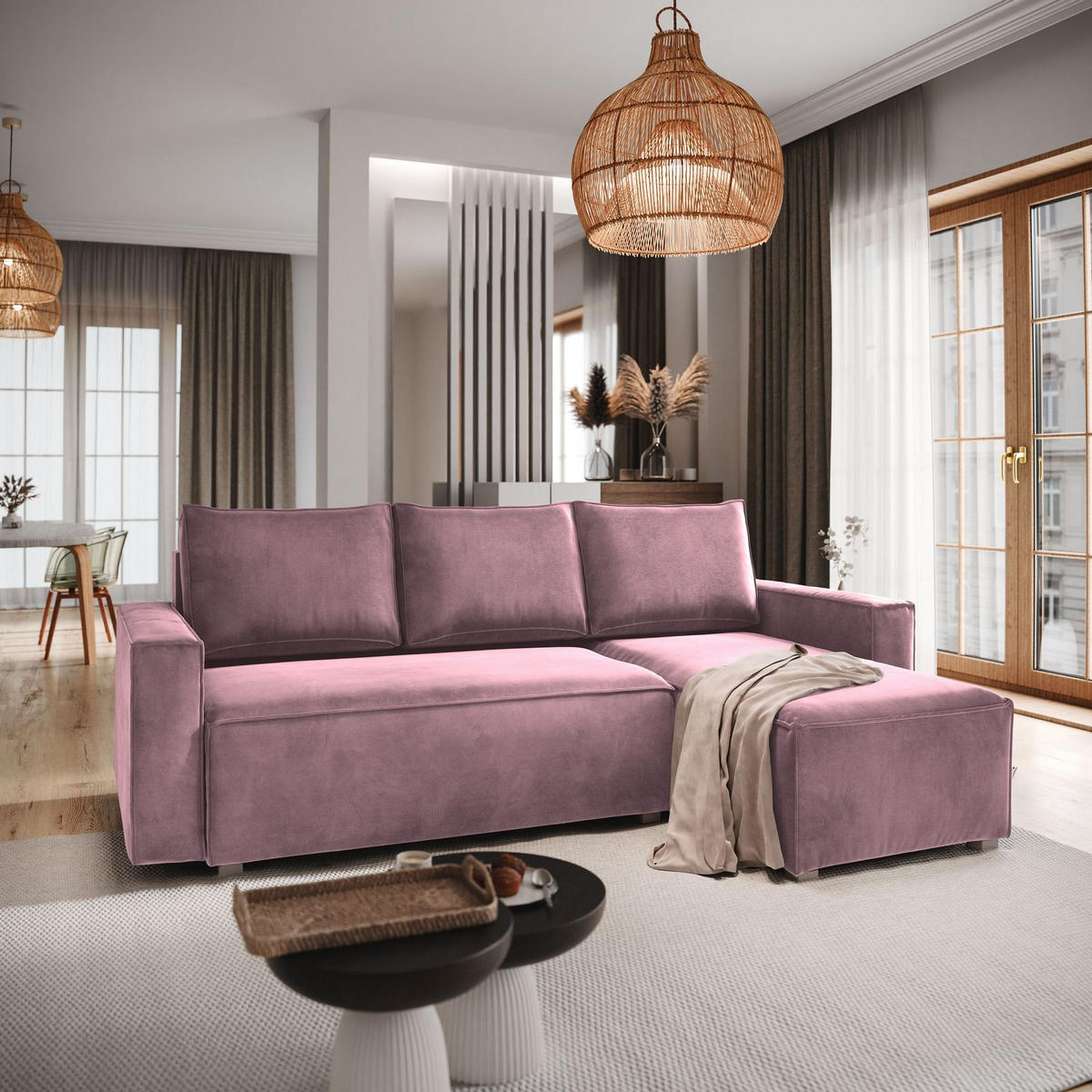ECKSOFA SILES Lila Velours-Stoff mit Schlaffunktion - Lila, Holz (230/140cm) - MASSENO