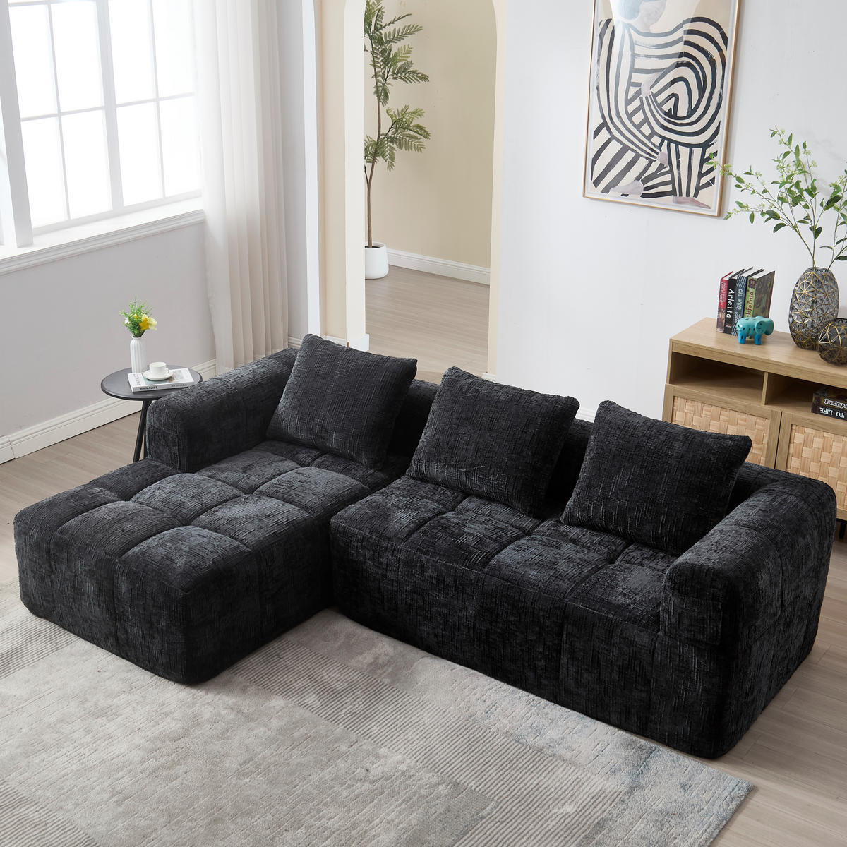 4-SITZER ECKSOFA Chenille Schwarz mit Seitentaschen und mit Kissen - Schwarz, Textil (250/158cm) - WISHDOR