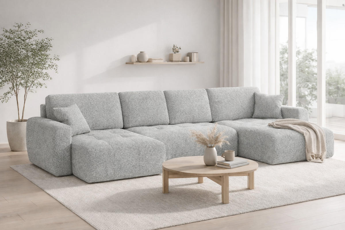 ECKSOFA Mit Schlaffunktion Und Bettkasten U-Form Ivo U, Chenillestoff Artico, Cement - Hellgrau, Holz (342/142cm) - Kaiser Möbel