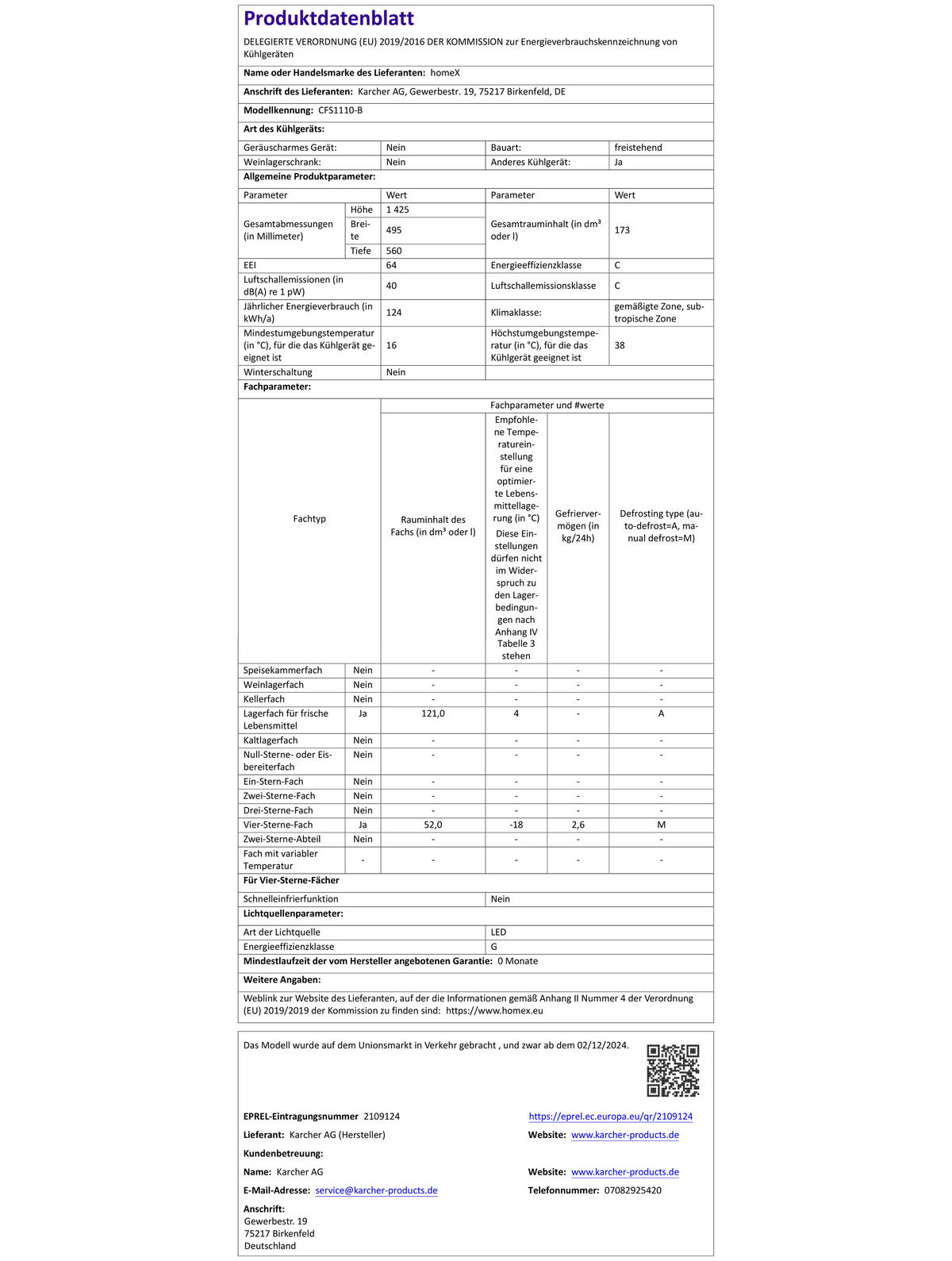 KÜHL-GEFRIER-KOMBINATION, freistehend, 173 Liter Nutzinhalt, 4-Sterne Gefrieren, Höhe 142,5 cm, 40 dB, Kühlschrank mit Gefrierfach groß, CFS1110-B - Schwarz, Glas/Kunststoff (49.5/142.5/56cm) - homeX