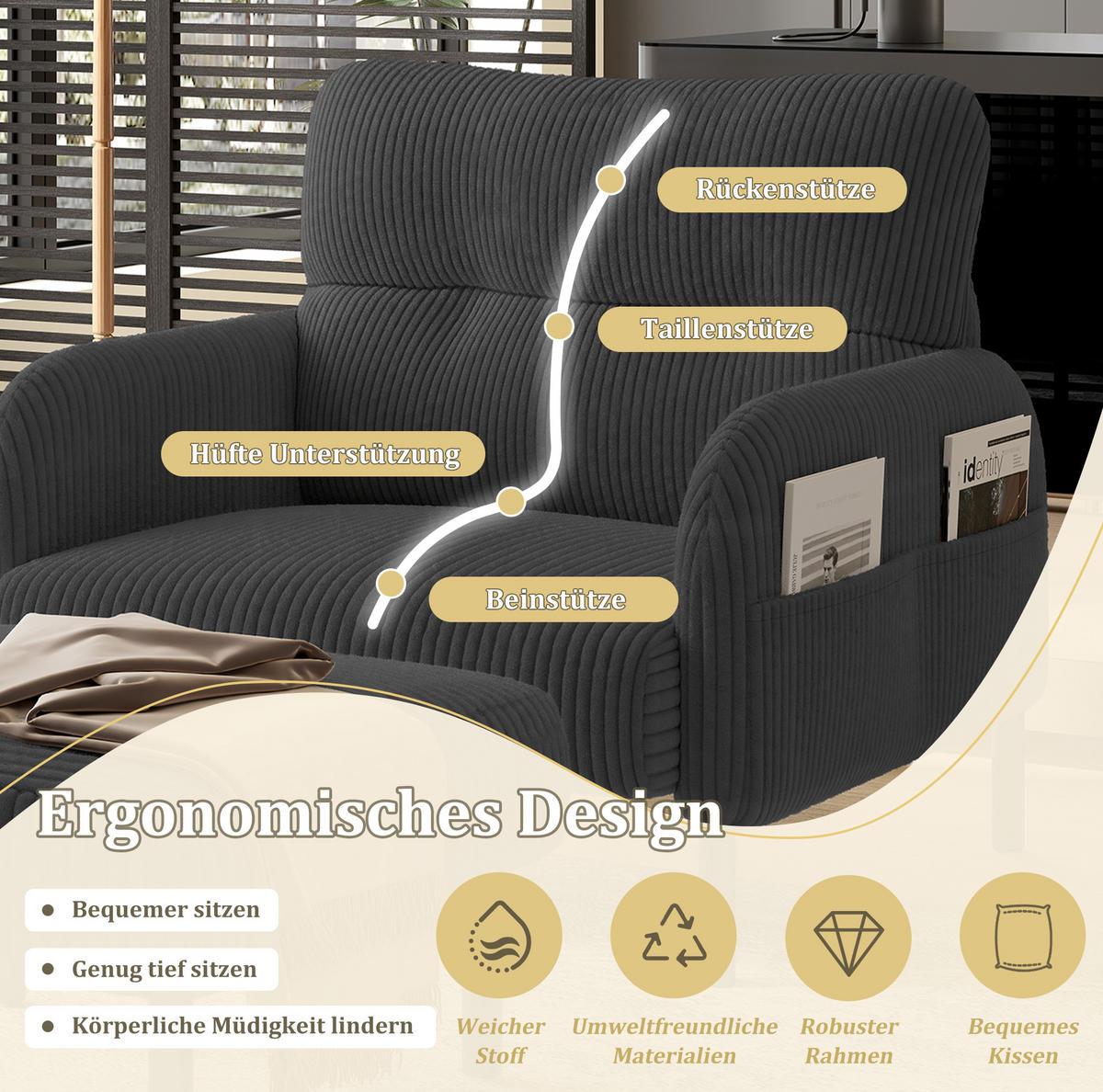 SESSEL 67/75/79 cm in Grau aus Cord mit Seitentasche und Metallgestell - Grau, Textil (67/79/75cm) - BEAOK