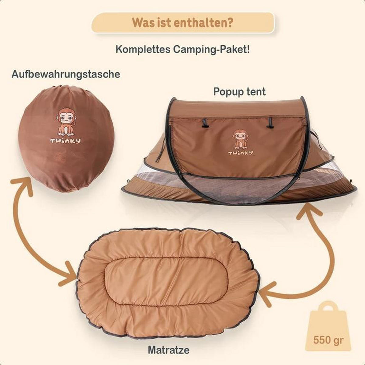 REISEBETT Baby mit Matratze bis 3 Jahre mit Moskitonetz Braun - Braun, Kunststoff (107/40cm) - Twinky