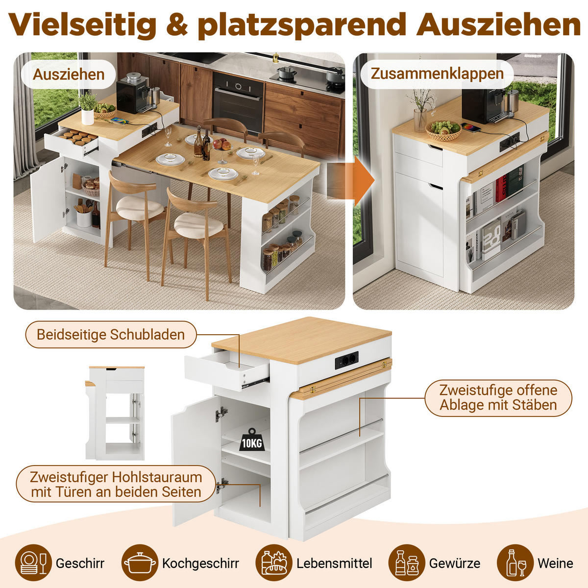 KÜCHENINSEL ausziehbar 55-153/80/93 cm DE-39575 Weiß - Weiß, Holzwerkstoff (80/93/56.2cm) - ComfortXL