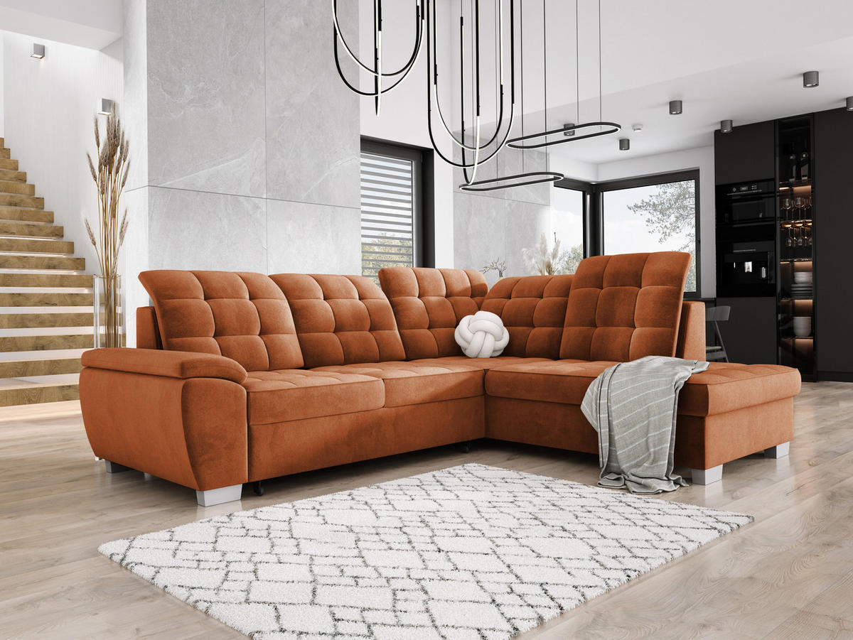 ECKSOFA LOTTA SALVADOR Bettkasten verstellbare Kopfstützen hochwertige Verarbeitung lose Rückenkissen freistehend RECHTS 258x212x106 cm Dark orange - Dunkelorange, Holz/Textil (258/212cm) - DomoHome