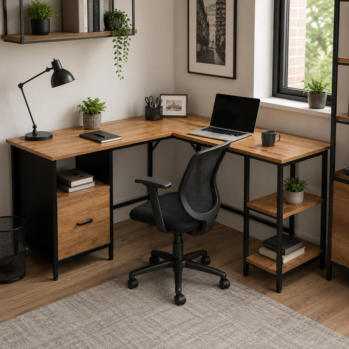 ECKSCHREIBTISCH MDF Metall Erle Dunkelbraun mit Schublade und Regalfächern 149x149x74.5 cm - Erlefarben, Holzwerkstoff/Metall (149/149/75cm) - Begryf