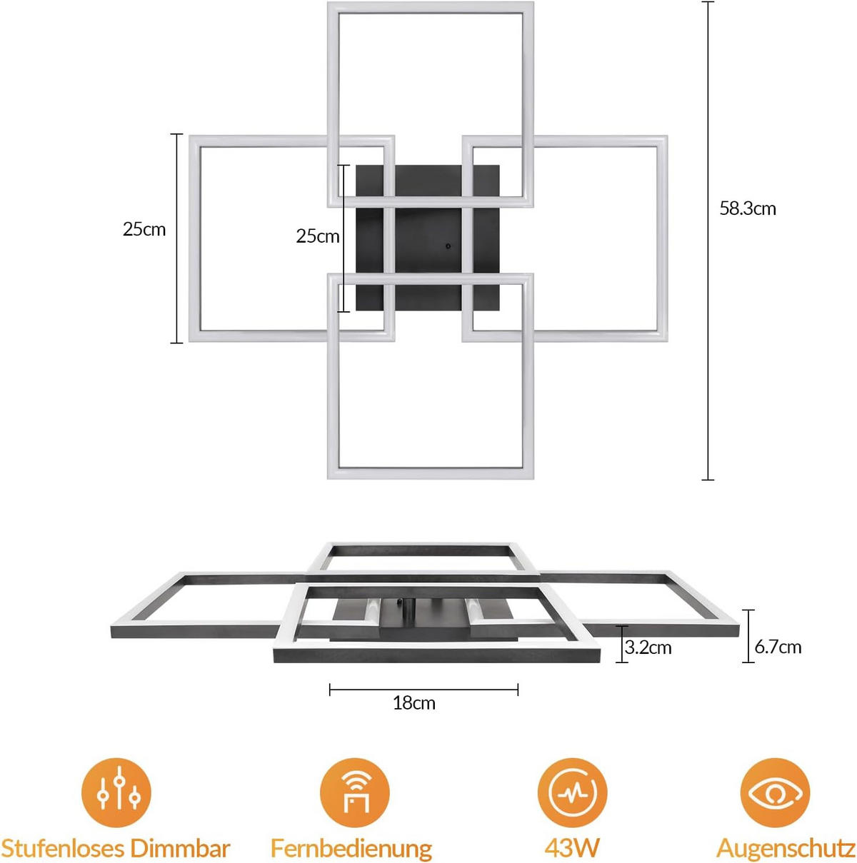 LED stropné svietidlo 58x58x7 cm - čierna, plast (58/58/7cm) - Nettlife